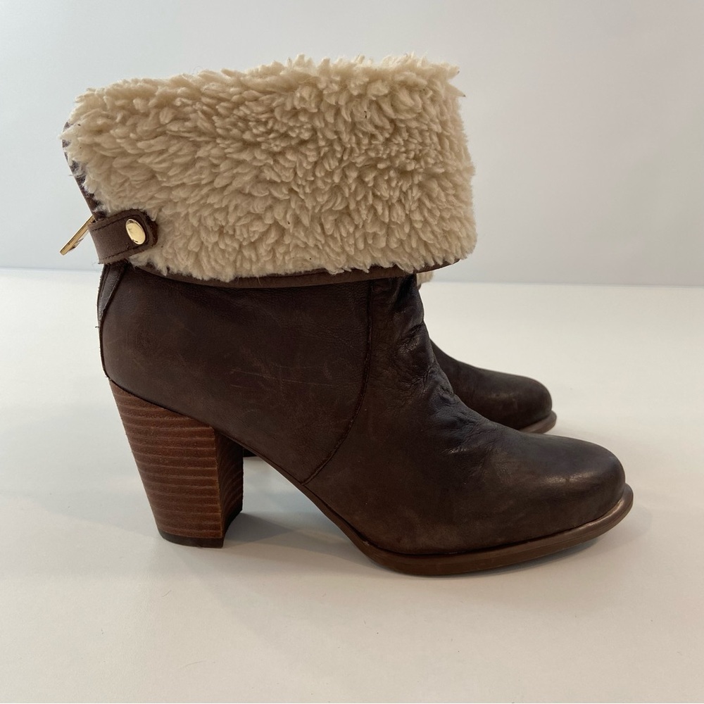 Tommy Hilfiger heeled ankle boots brown genuine leather shearling size 8 almond - Picture 3 of 16
